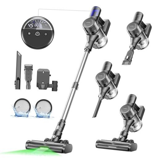 Cordless Vacuum Cleaner, 450W 40Kpa Stick Vacuum with Car Dashboard Gray