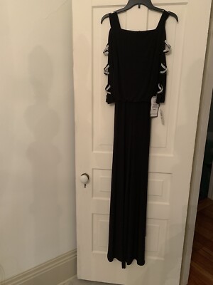 msk evening dresses MSK 3/4 Rhinestone Sleeve Cold Shoulder Trapeze Dress XL Black