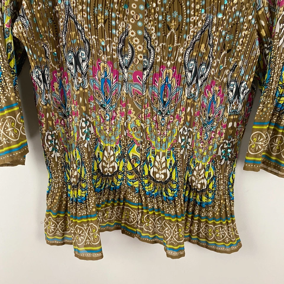 Liz & Me Accordion Pleated Bell Sleeve Blouse Size 2X Green Sequin Embellished - Image 3 of 4