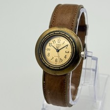 Vintage 1987 GUESS Gold Tone, Brown Leather Classic Quartz Watch, 32mm, Runs