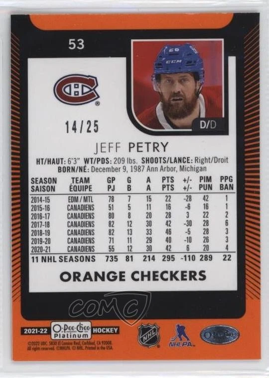 2021-22 O-Pee-Chee Platinum Orange Checkers /25 Jeff Petry #53 - Image 2 of 2