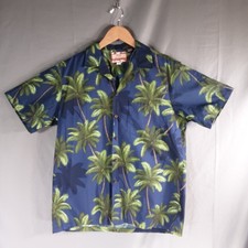 RJC Mens Hawaiian SS Button Up Shirt Blue w/ Palm Trees Size L 100 Cotton