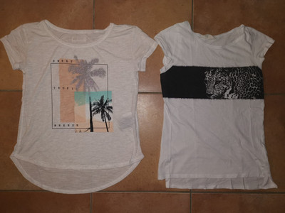 Set 2 T-Shirts Leopard Strand Palme Glitzer weiß H&M 140 146