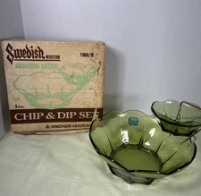 Vintage Anchor Hocking Swedish Modern Chip and Dip Set Avocado Green 3 Piece Set