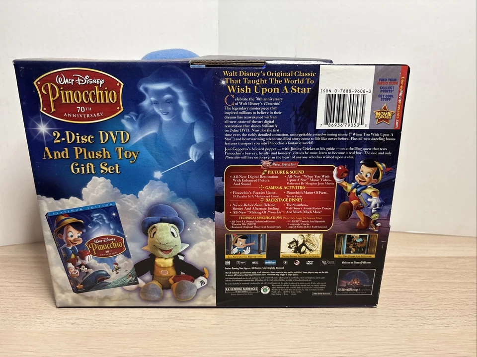 Disney Pinocchio 70th Anniversary 2-Disc DVD Set w Jiminy Cricket Plush New HTF - Image 4 of 4