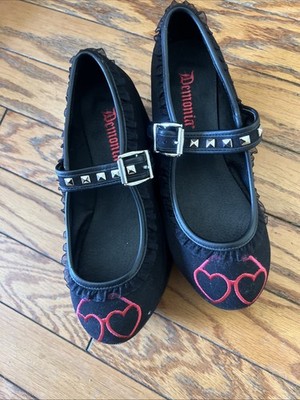 Womens Demonia Gothic Punk Embroidered Heart Studded Platform Mary Jane Shoes 