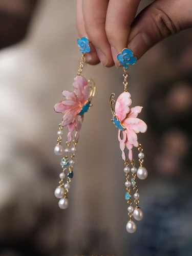 Vergoldete filigrane rosa Schmetterling Perlen Quaste Ohrringe Vintage Schmuck - Bild 5 von 6