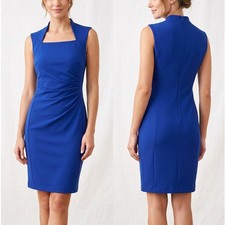 Tahari ASL Royal Blue Sheath Dress Square Necklin Cap Sleeves Side Ruching