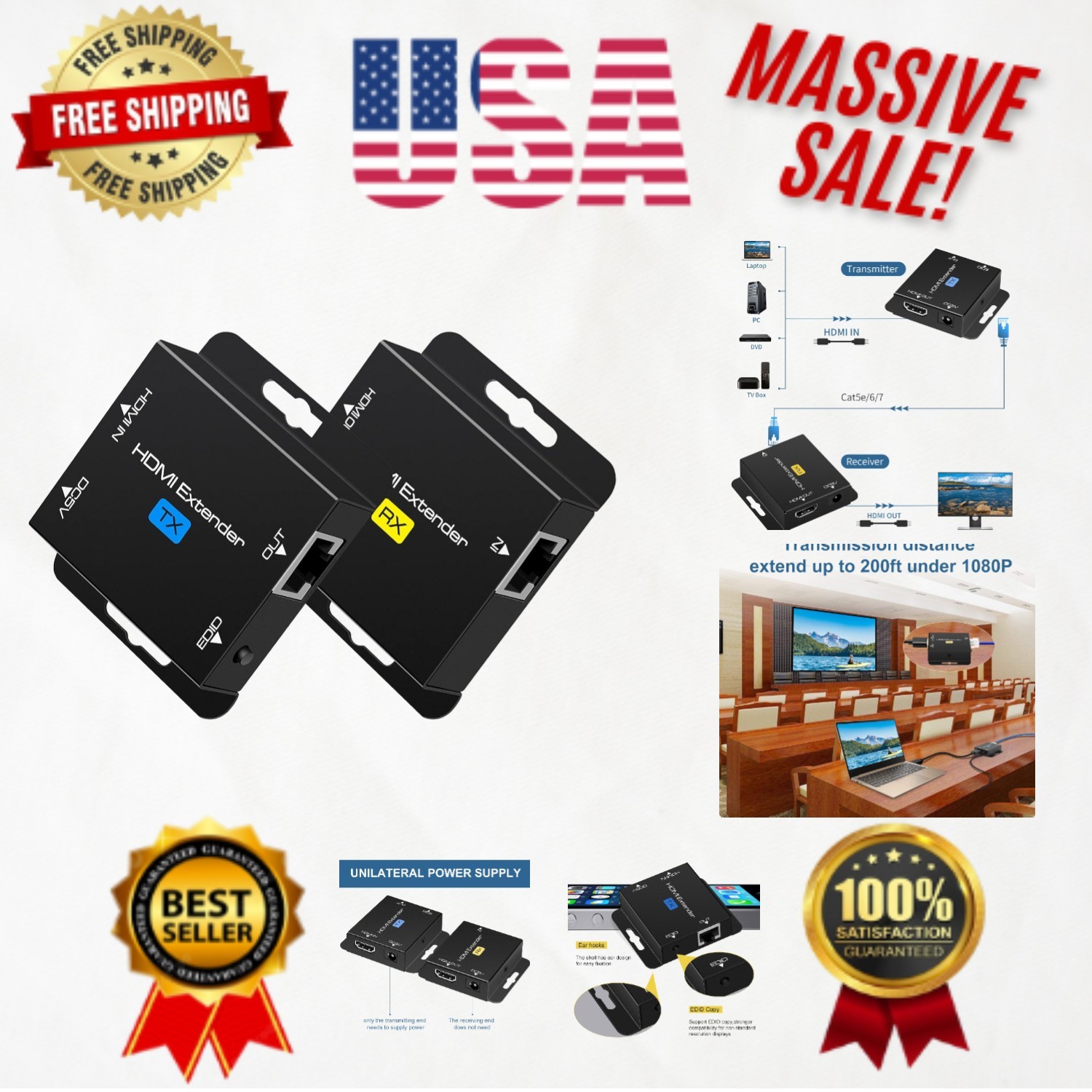 Extensor HDMI sobre Cat6: transmisión de 200 pies, Plug and Play, ideal para uso profesional