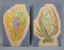 Virginia Gabaldo Reverse Painted Bas Relief Art Glass Wall Panel 14 X 9 Set Of 2