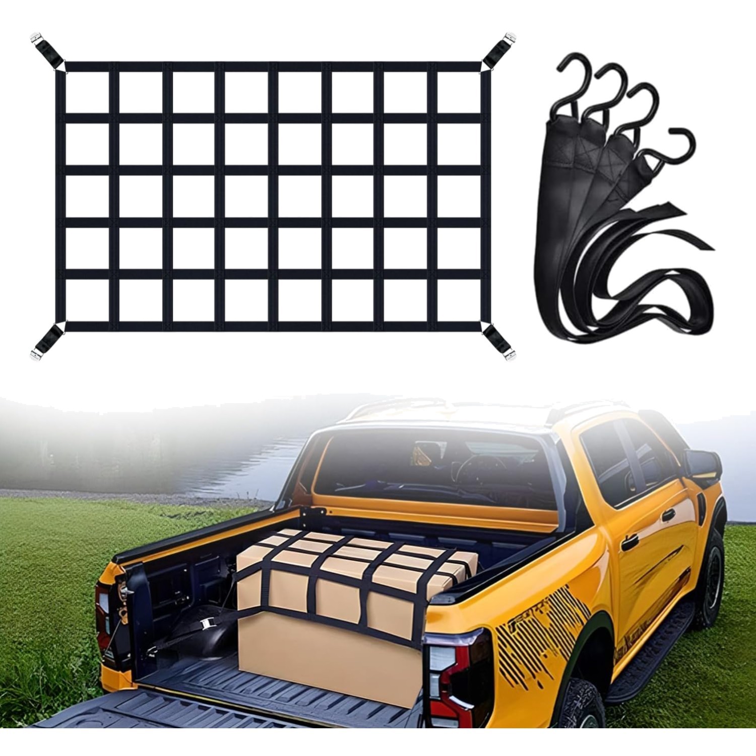 Filet cargo anti-chute pour benne de pick-up empêchant le vol et l'envol des objets