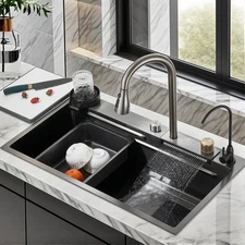 32'' Stainless Steel Waterfall Drop-In Kitchen Sink Single Bowl Homeworkstation