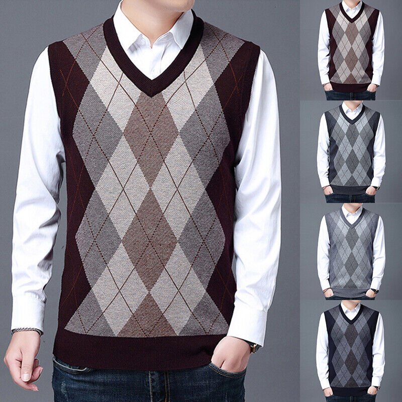 Mens Argyle Sweater Vest Golf Knitted Tank Top V-Neck Sleeveless