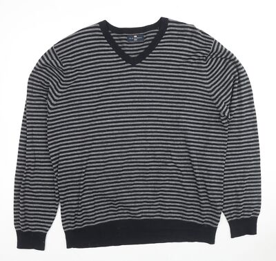 Marks and Spencer Herren Pullover schwarz V-Ausschnitt gestreift Baumwollmischung Größe XL lang