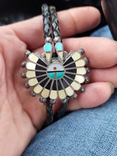  1970 Sterling Silver Native American bolo tie is Zuni made.  