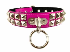 Hot Pink Patent  Studded Bondage Collar With Ring Double Rows Pyramid Punk Goth