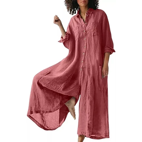 Elegante mono de mujer de lino con botones manga larga pierna ancha pantalones palazzo de playa - Imagen 36 de 52