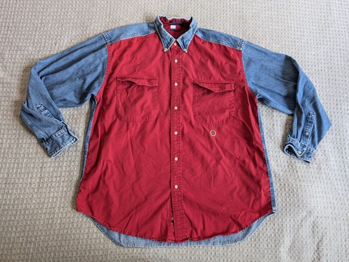 Tommy Hilfiger Shirt Men Large Blue Red Denim Twill Vintage Two Tone Crest