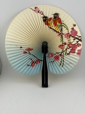Vtg Folding Hand Fan red Bird Floral on Bamboo Paper People's Republic Of China