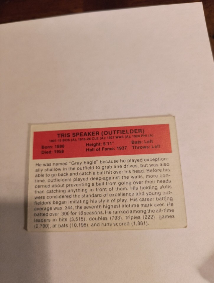 TRIS SPEAKER 1987 HYGRADE BASEBALL'S ALL TIME GREATS LITTLE WEAR ON