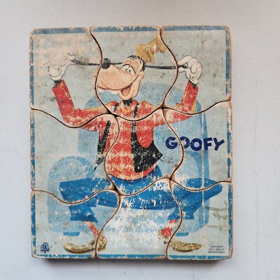 Vintage Antique Gong Bell Co. Wooden 2 Sided Walt Disney Puzzle Goofy and Flower