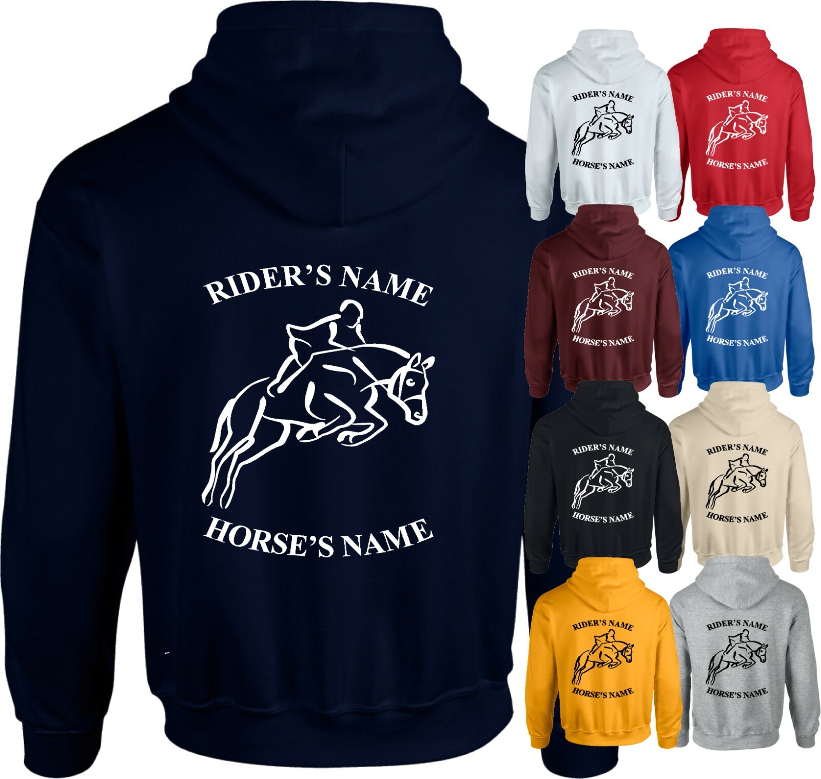 Felpa con cappuccio personalizzata cavaliere cavallo pannocchia equestre pony equino stampata fantino