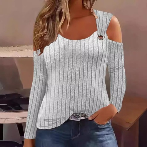 Womens Long Sleeve Jumper Cold Shoulder Top RIBBED Stretch Shirts Blouse SIZE UK - Picture 4 of 15