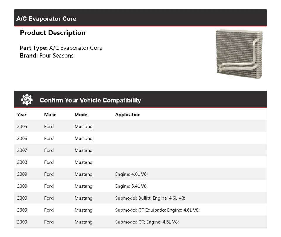 Núcleo evaporador aire acondicionado Ford Mustang 2005-2009 4 estaciones 2006 2007 2008 Foto 2 de 4