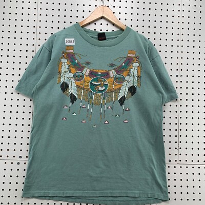 Aztec Feathers Shirt Green Single Stitch Indian Men Large Diamond Dust 21.5x28