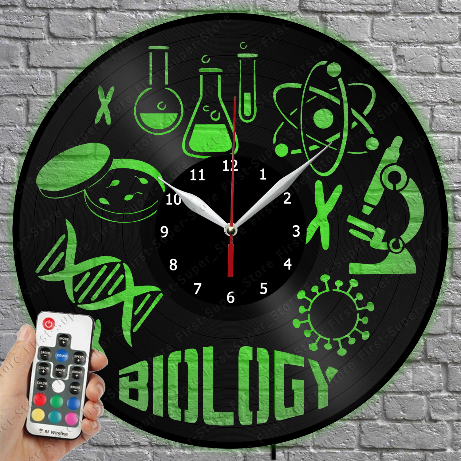 LED Light Wall Clock with Vinyl Record Design and Biology Theme 1449