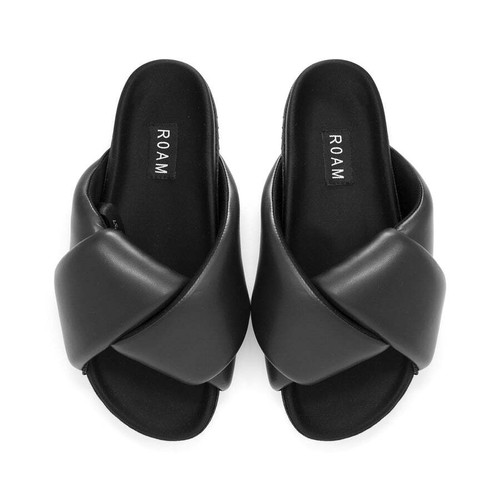 ROAM NIB $145 Black Foldy Puffy Vegan Leather Slide Sandals Sz 6