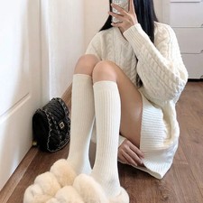 Winter Women's Knitted Socks Solid Color Vertical Bar Warm Knee Lengt