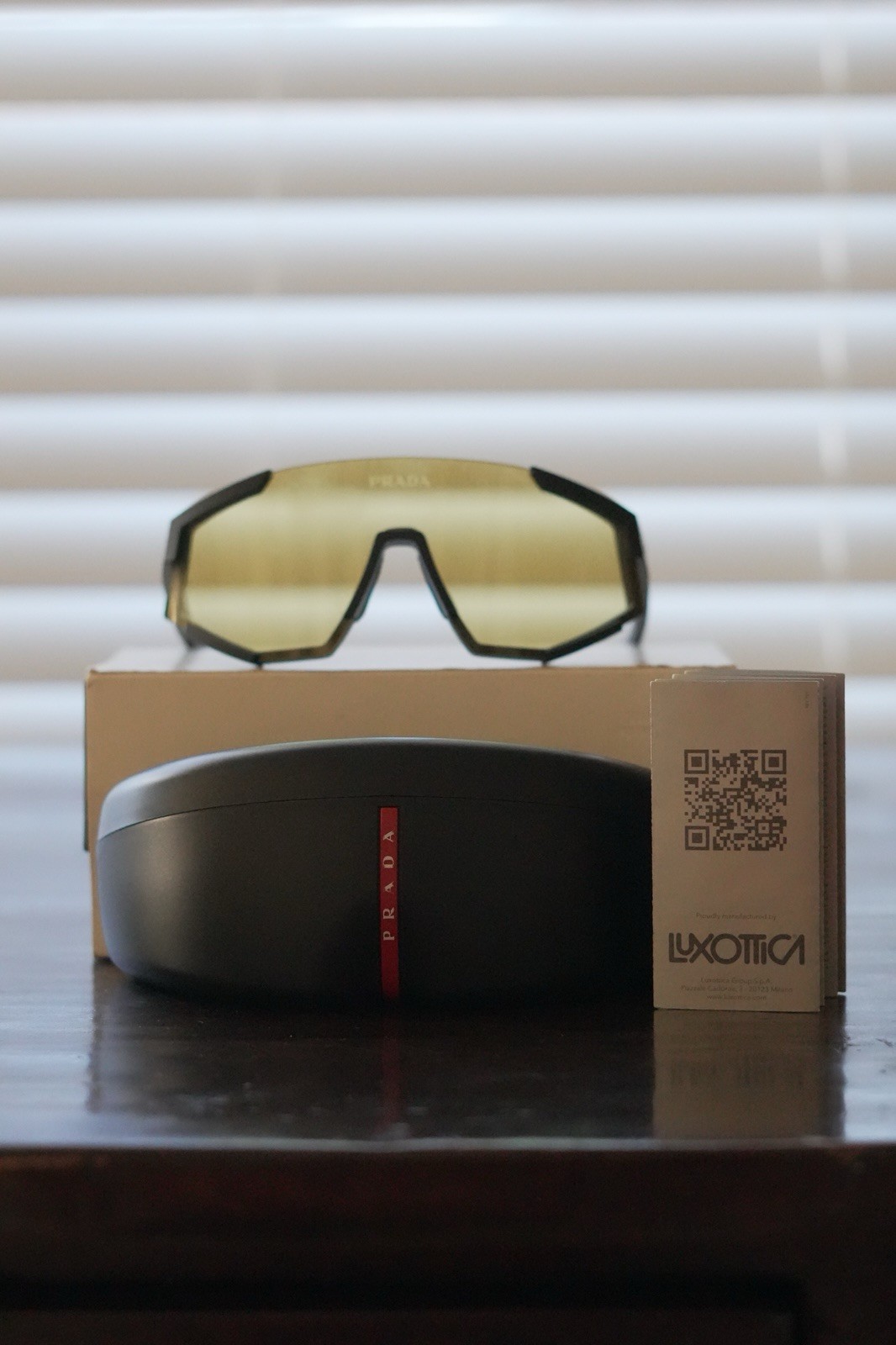 Prada SPS 04WS Shield Sunglasses Black Rubber Frame Yellow Tinted Lens