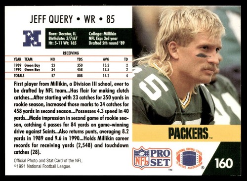 1991 Pro Set Jeff Query Green Bay Packers #160 - Picture 2 of 2