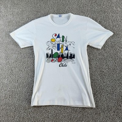 Vintage 70s Santiago Chile YAT Shirt Men Medium White Skyline Travel Tee T-Shirt