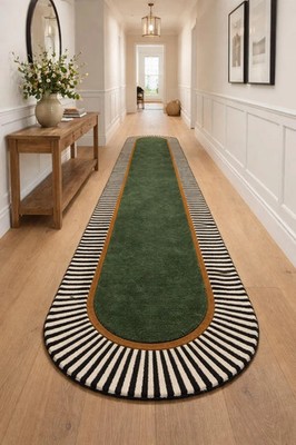 Hand-Tufted Modern 2x14 Runner Carpet with Green Center & Striped Border Carpets