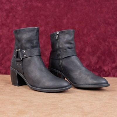 Born Women Dakota Black Leather Moto harness Heel Fashion Ankle Boots sz 9.5