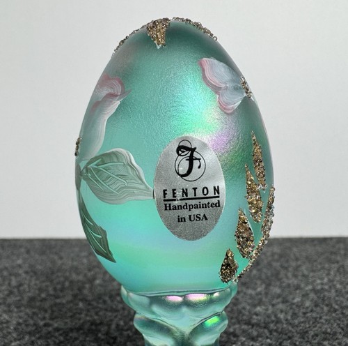 Fenton Iridescent Aqua Art Glass Egg on Pedestal Signed Hand Painted Floral - Picture 6 of 7