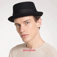 Men's Pork Pie Hat Wool Fedora Flat Top Hats Felt Porkpie Caps Jazz Hat