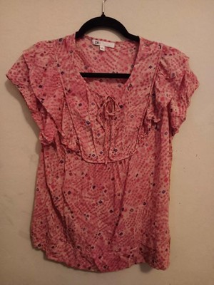 DR2 Blouse, Women s Size Medium Sheer Pink Squares Layered Short Sleeve Tie Neck