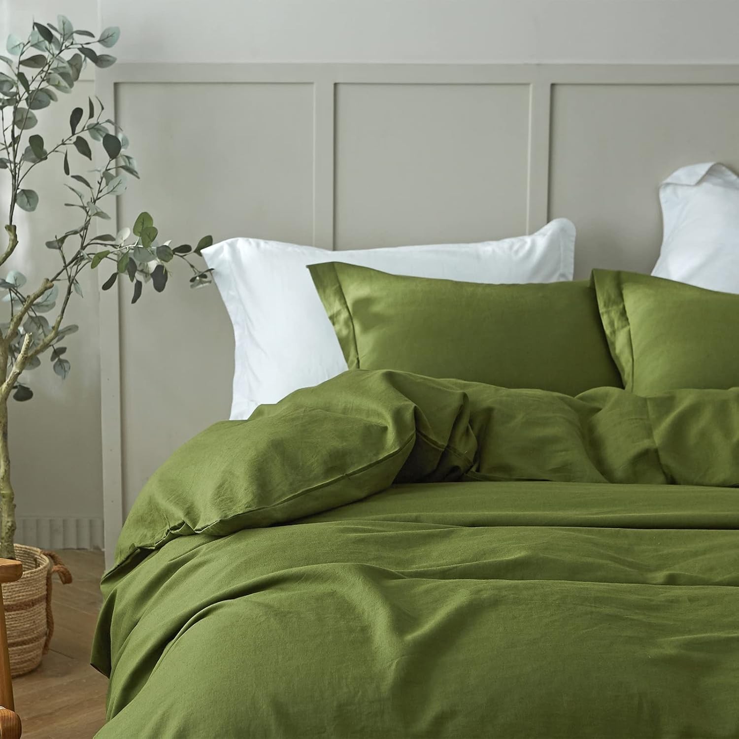 Forest green linen Duvet Cover Set comforter cover with buttons and other sizes.