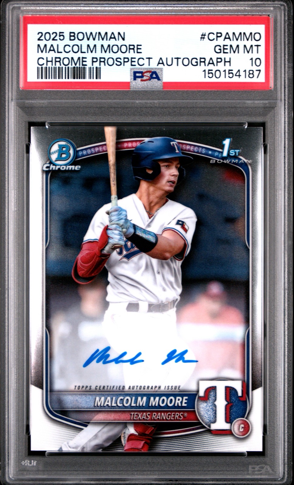 2025 Bowman 1st - Chrome Prospect Malcolm Moore #CPA-MMO (AU, RC) PSA 10 Rangers