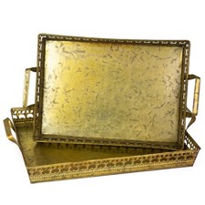 2er Set Vintage Metall Tablett Gold Antik Dekotablett Serviertablett mit Griff