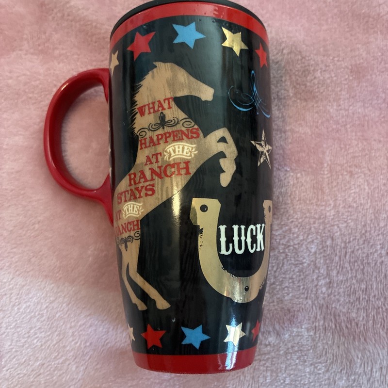 WILLIE NELSON LUCK RANCH TEXAS CERAMIC TRAVEL MUG-WHAT HAPPENS AT THE RANCH STAY