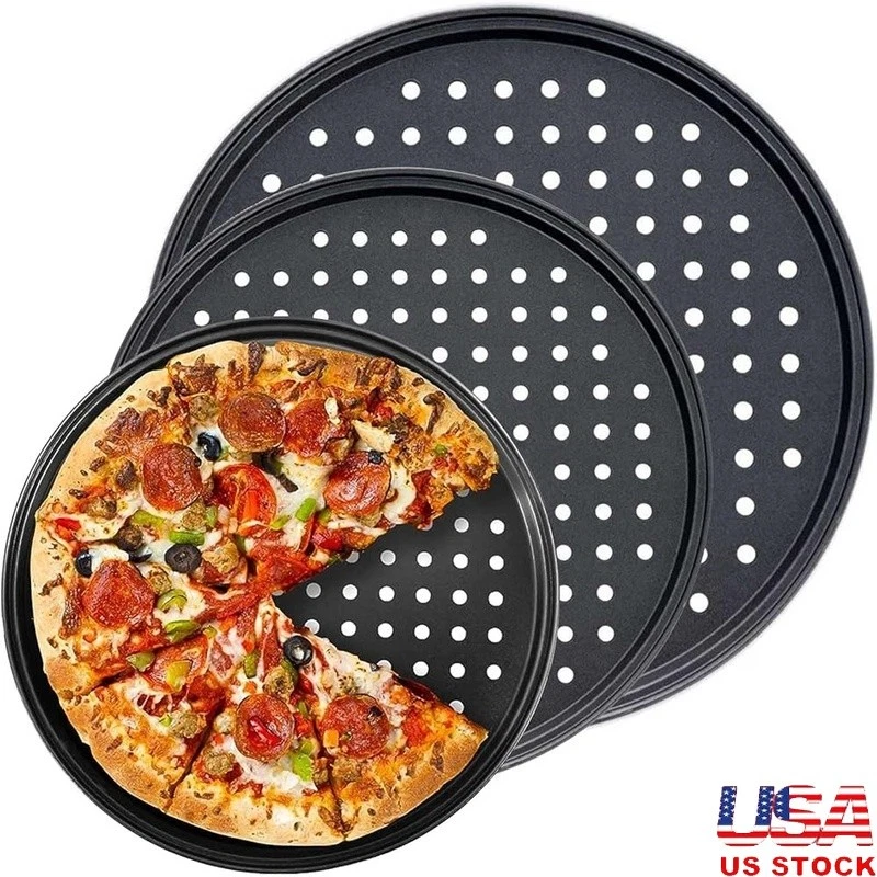 Nonstick Pizza Pan Set Round Carbon Steel Crisper Oven Safe Kitchen Tool New