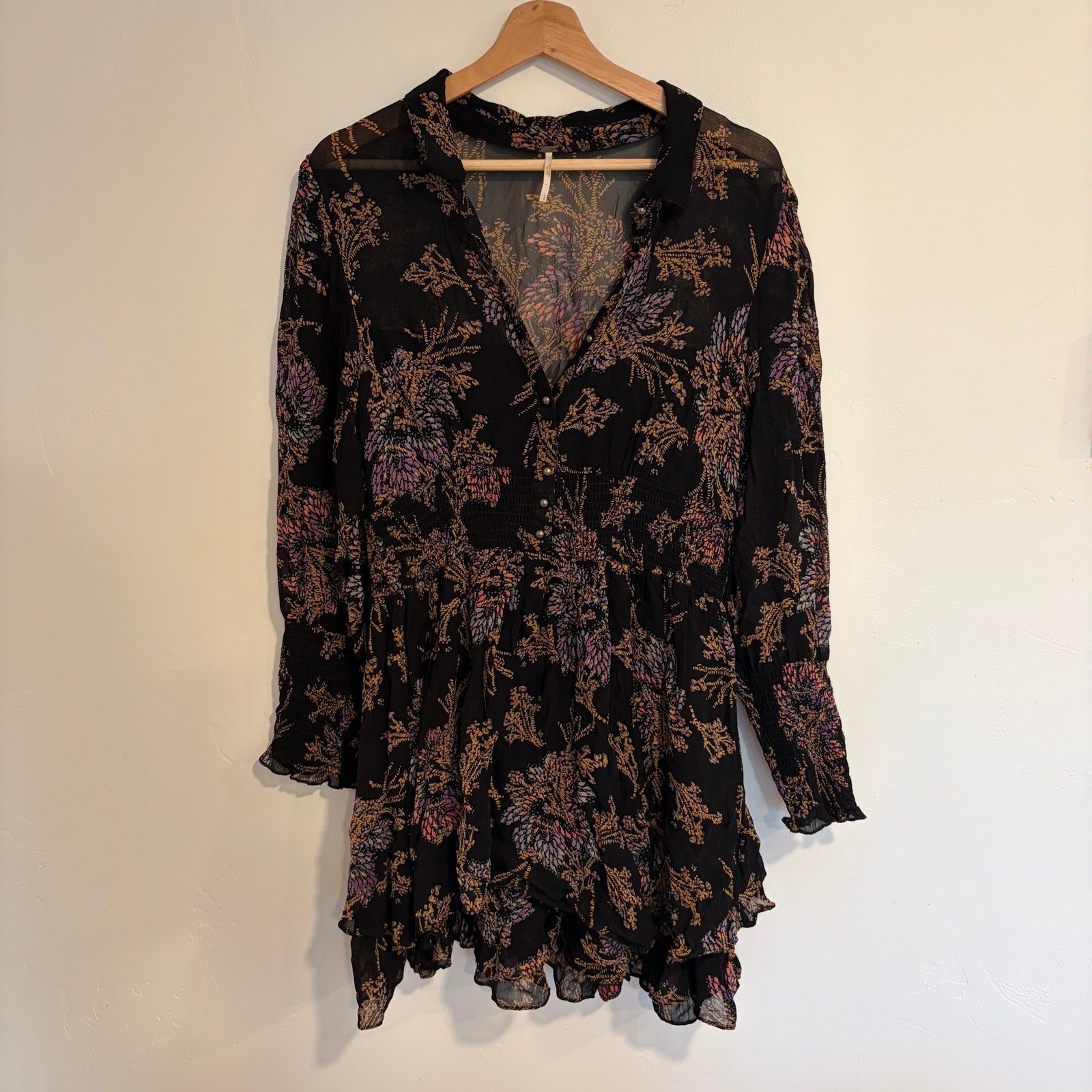 Free People Babydoll Mini Dress Floral Chiffon Long Sleeve Womens Size L Boho