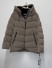 NWT DKNY Women's Hooded Puffer Jacket Taupe- Large DL2MPH23 Fur Hood Pockets