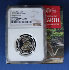 2020 Silver Proof Coloured 50p "Megalosaurus" NGC Graded PF69 with Case & COA