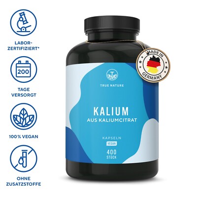 Kalium aus Kaliumcitrat - 400 Kapseln (200 Tage) - 800 mg Kalium - TRUE NATURE 