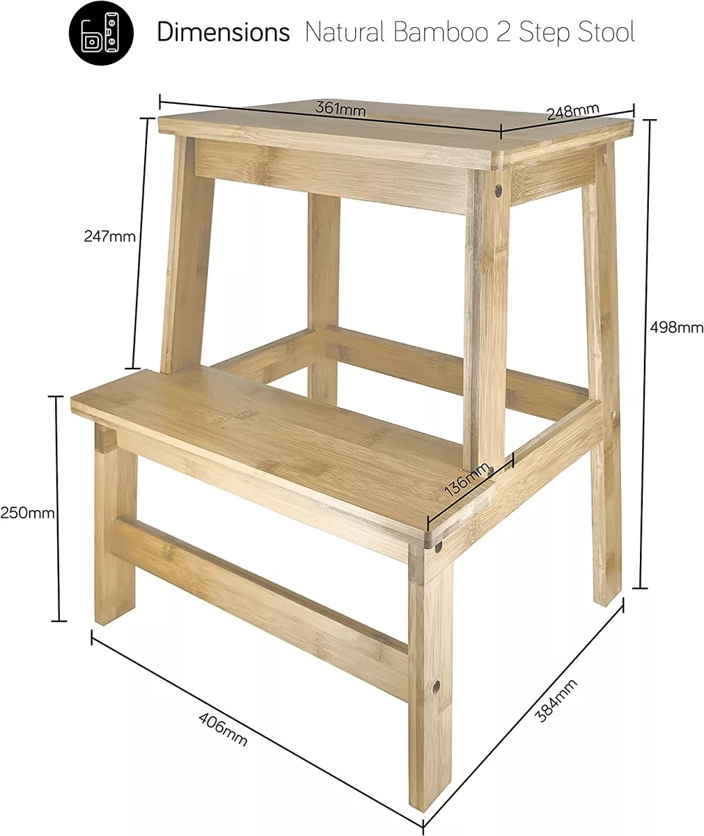 Wooden Utility Natural Bamboo 2 Step Stool